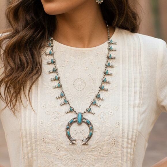 Herman Style Turquoise Squash Blossom Necklace 59.1g HMS Chain 13.25